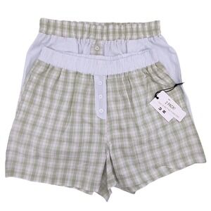 2 Cotton Sleep Shorts Women (S) Pajama Boxer Pockets Green Gingham & Blue Stripe